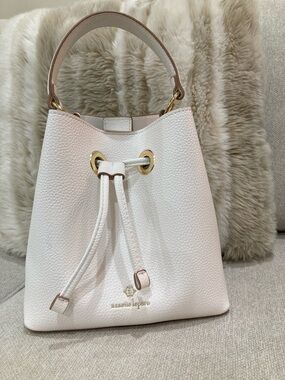 White Pebbled Leather Drawstring Bucket Bag